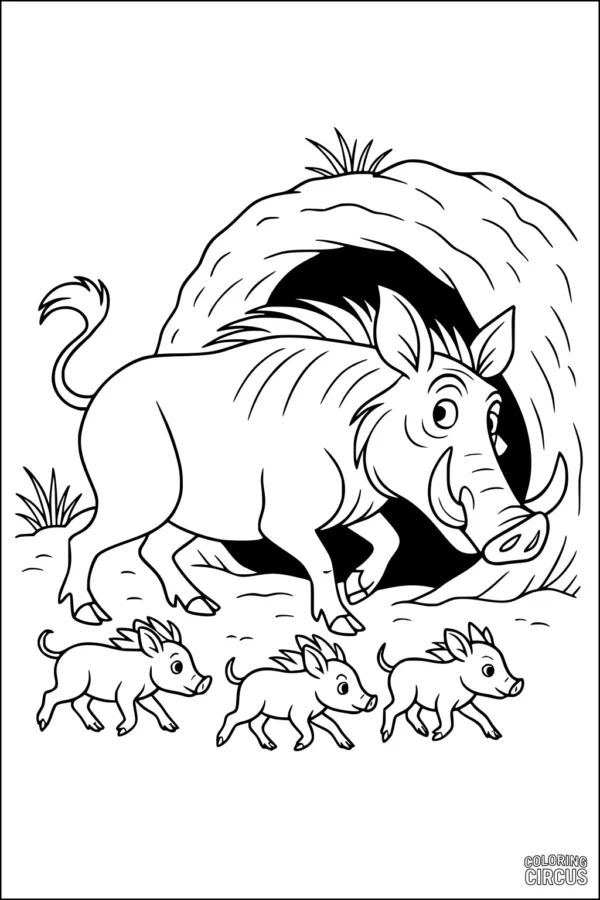 Coloring page showing a friendly warthog and piglets leaving a burrow