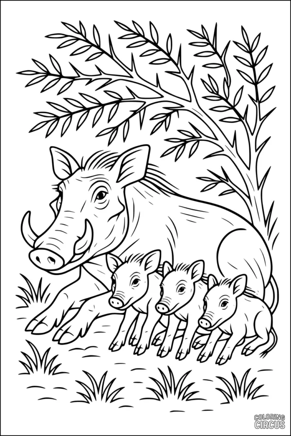 Coloring page showing a mother warthog and three piglets resting under a tree with grass and branches, suitable for children.