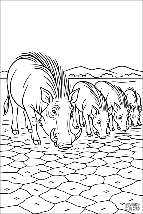 Coloring page warthog family at cracked mud watering hole with hills in background