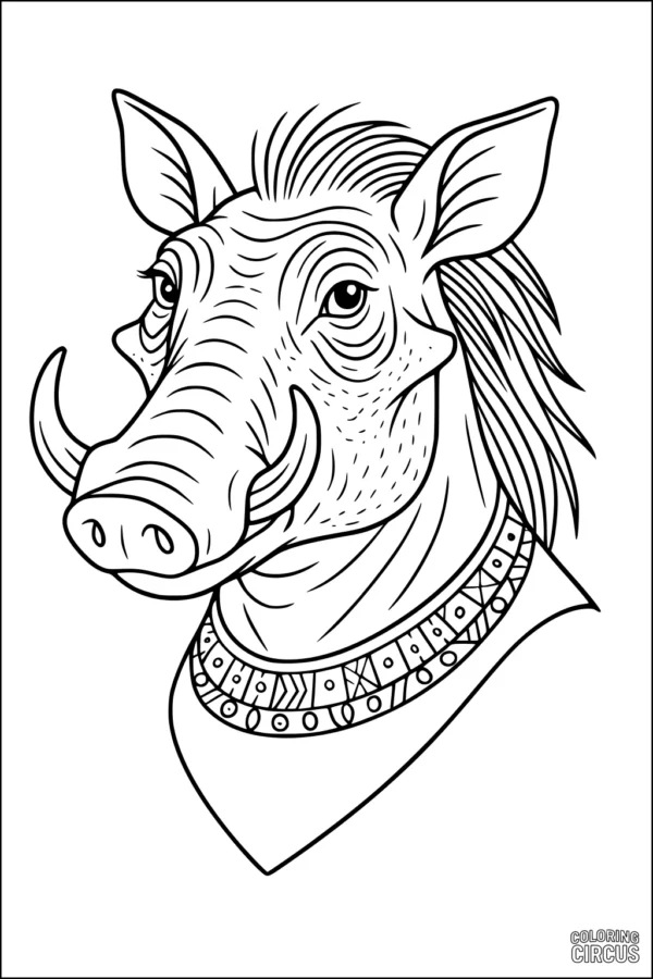 Coloring page featuring a detailed warthog with a patterned necklace for kids