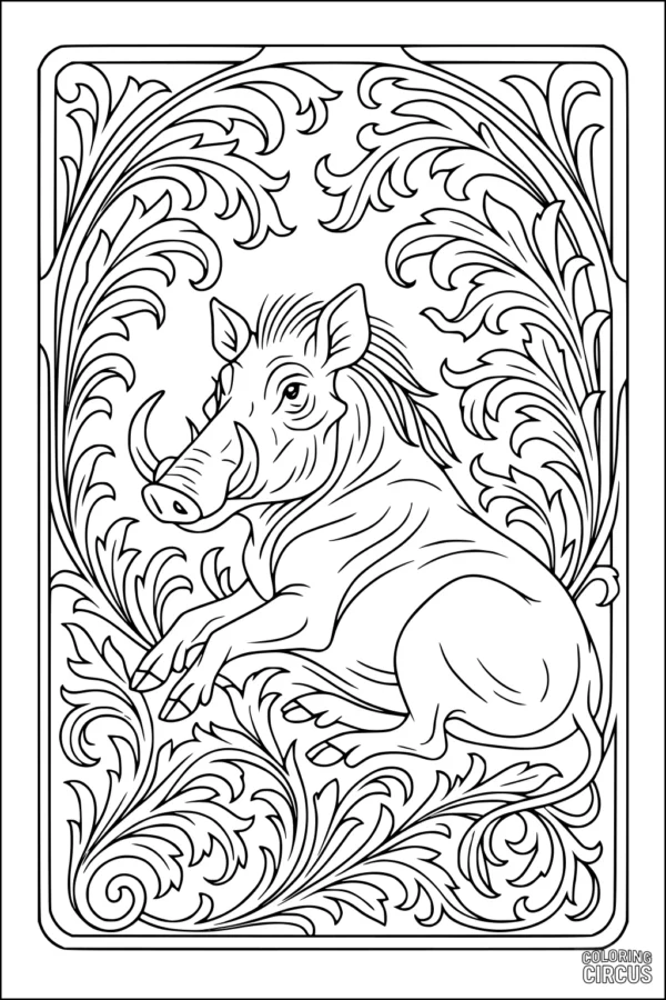 Coloring page of a relaxed warthog surrounded by decorative leafy patterns