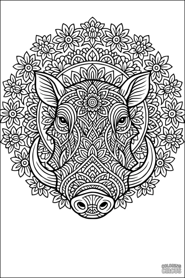 Coloring page warthog face with detailed floral mandala design