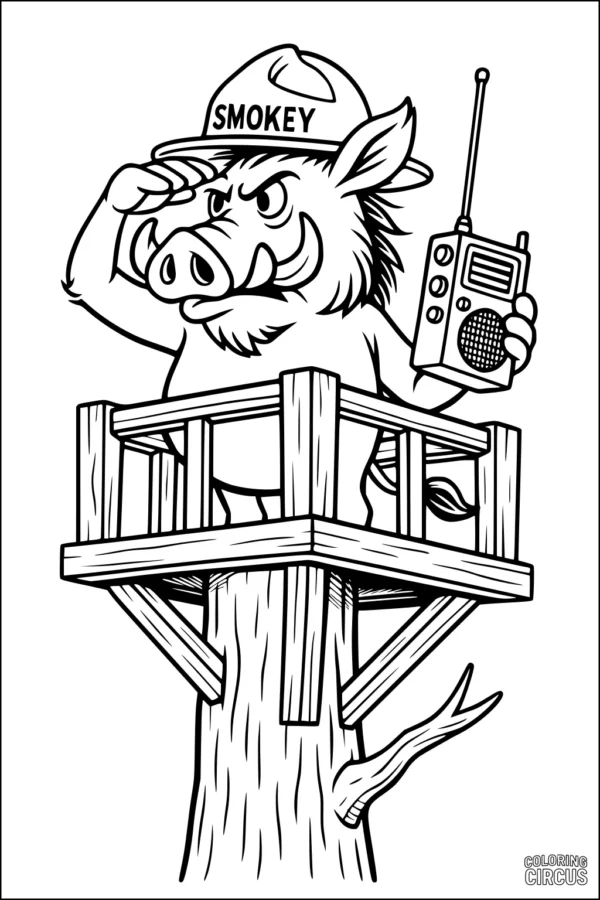 Coloring page with a warthog in a lookout tower with a forest ranger helmet and radio