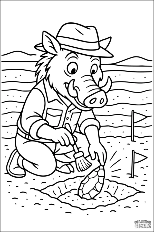 Coloring page of a cartoon warthog in explorer clothes uncovering a fossil in the ground