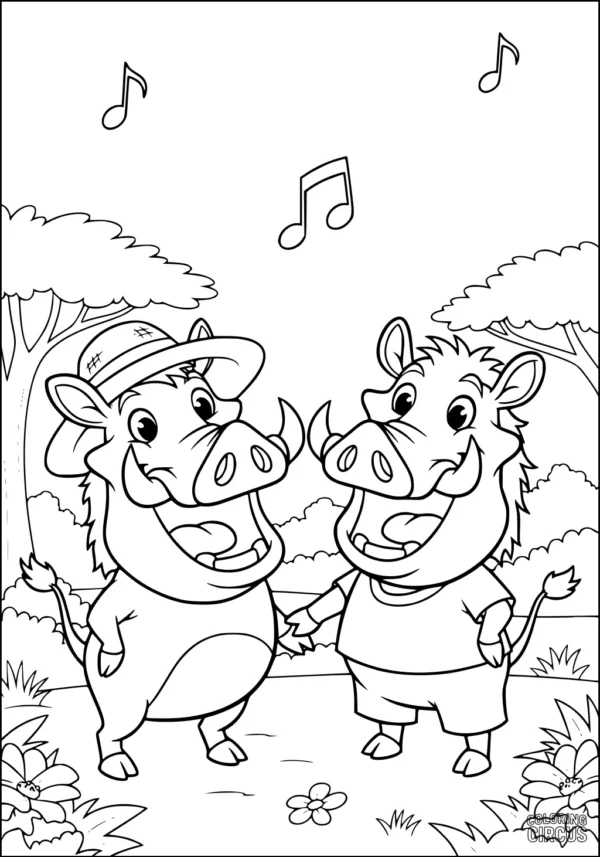 Coloring page with two cute cartoon warthogs singing in a park with trees and musical notes