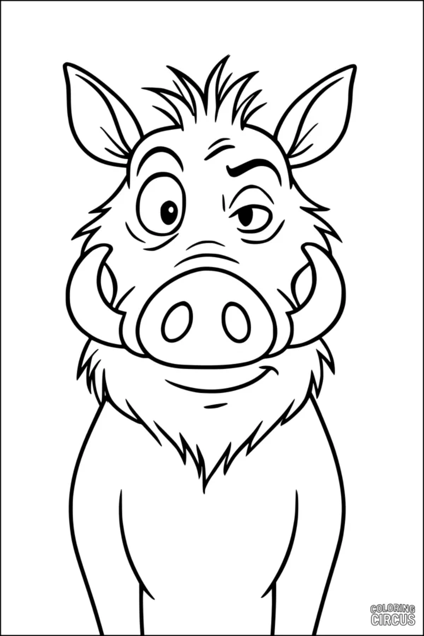 Coloring page showing a cute cartoon warthog with a playful expression