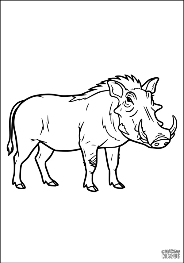 Coloring page of a standing warthog, perfect for kids interested in African animals