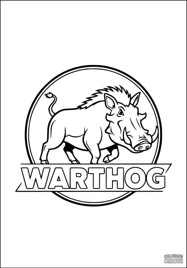 Coloring page showing a smiling warthog inside a circle with the word warthog below