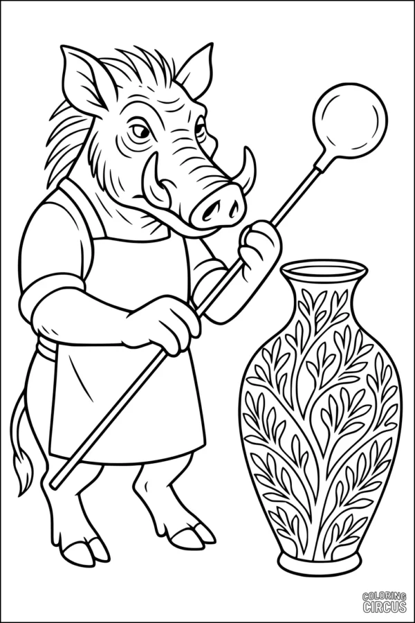 Coloring page of a cartoon warthog glassblower crafting a patterned vase