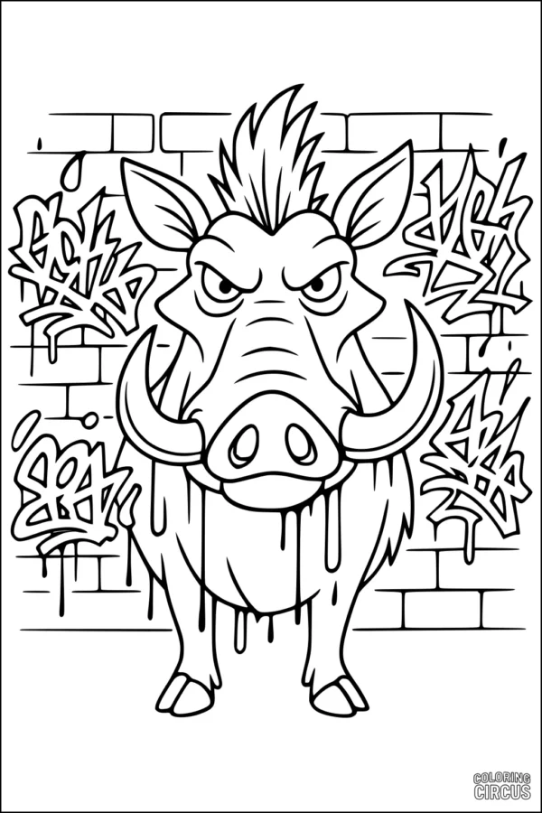 Coloring page warthog standing in front of graffiti wall for kids