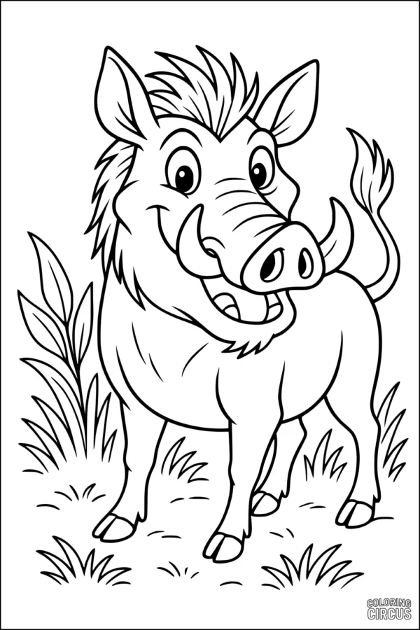 Coloring page featuring a smiling cartoon warthog standing on grass with plants