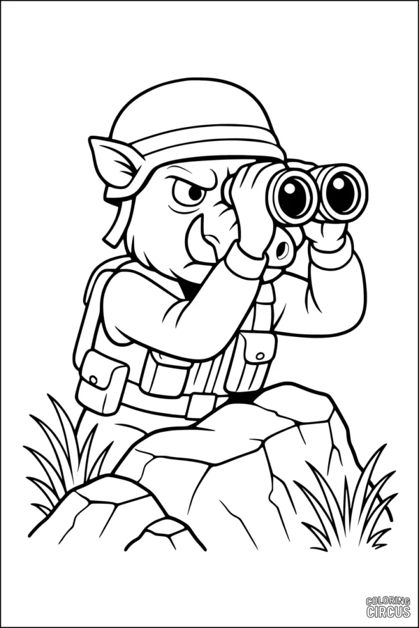 Coloring page of a cartoon warthog wearing a helmet and vest, using binoculars on a grassy hill with rocks