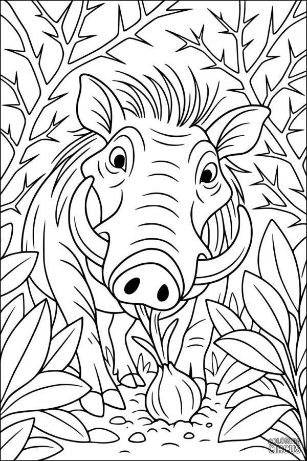 Coloring page featuring a friendly warthog eating in the African bush with leafy plants and thorns.