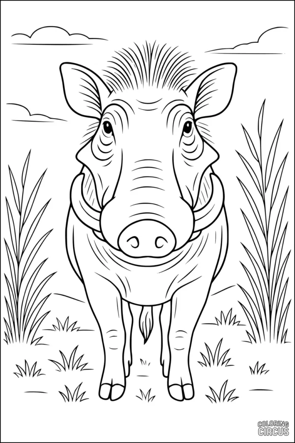 Coloring page featuring a friendly warthog standing in tall grass with a savanna background