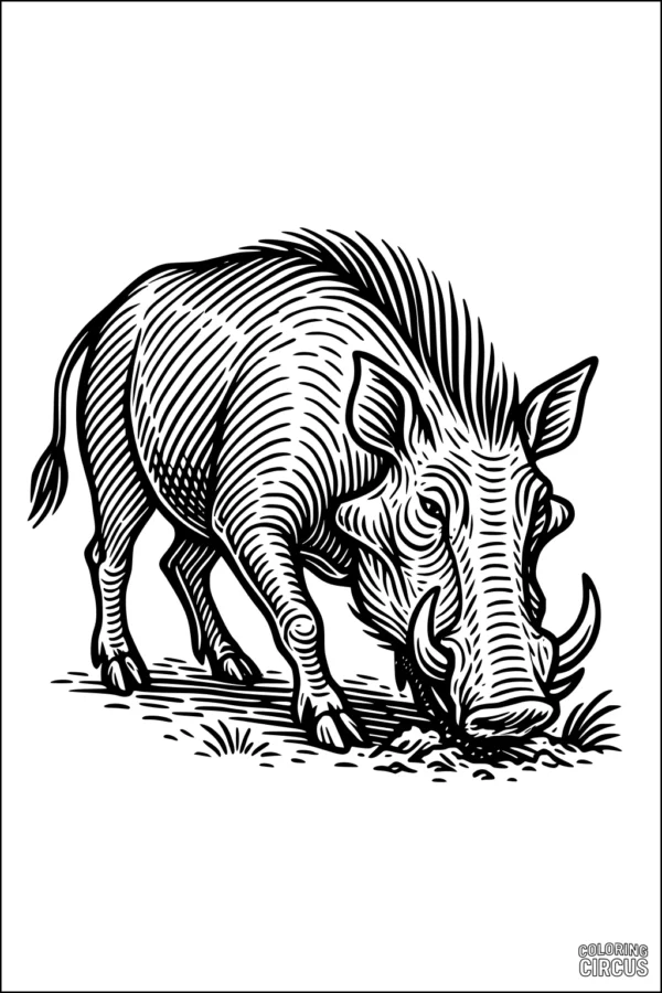 Coloring page featuring a detailed warthog in grassy savanna