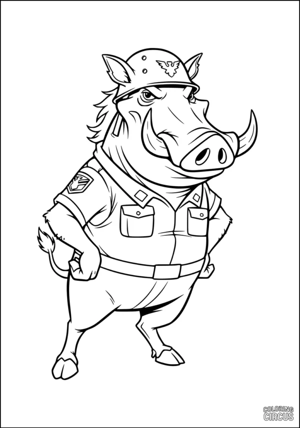 Coloring page showing a cartoon warthog dressed in a uniform and helmet, standing proudly