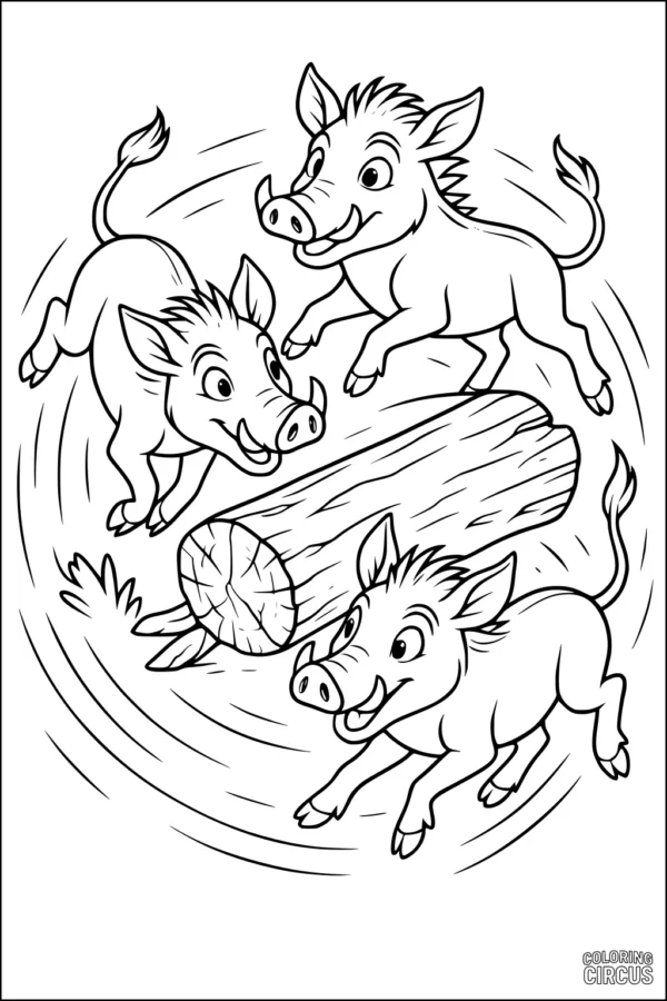 Coloring page with three cartoon warthogs chasing each other around a log