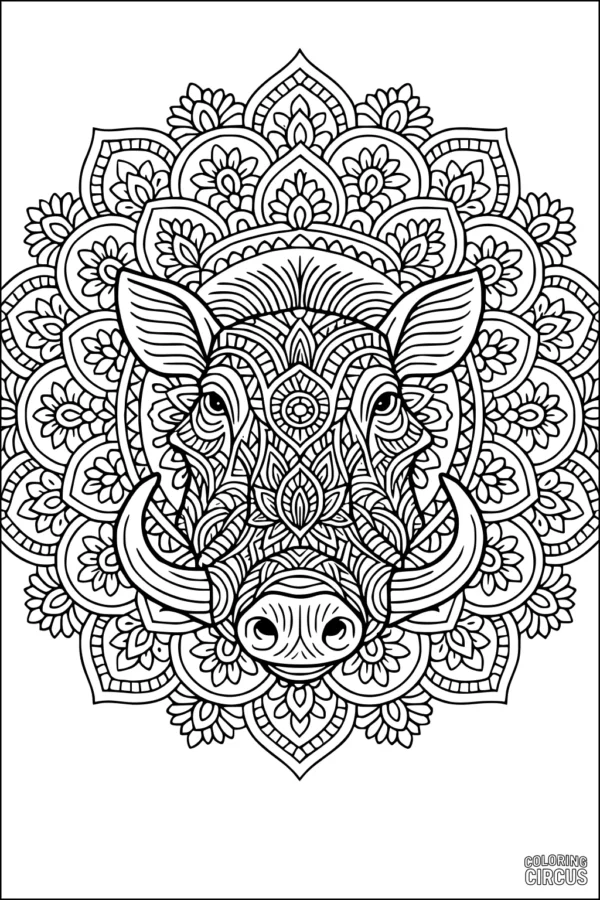 Coloring page featuring a detailed warthog mandala with floral patterns