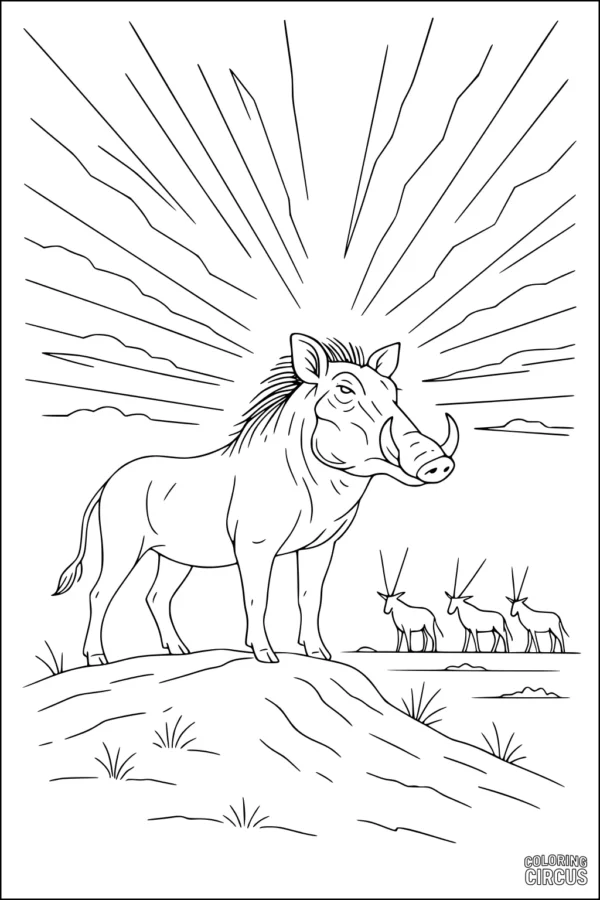 Coloring page of a warthog standing on a hill with sun rays and antelope in the background, African savanna scene.