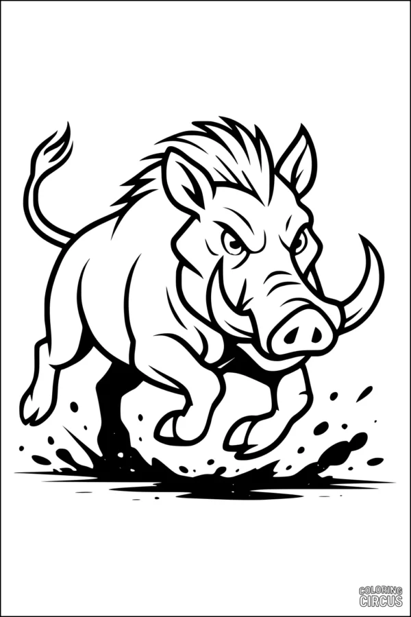 Coloring page warthog running through mud with splashes