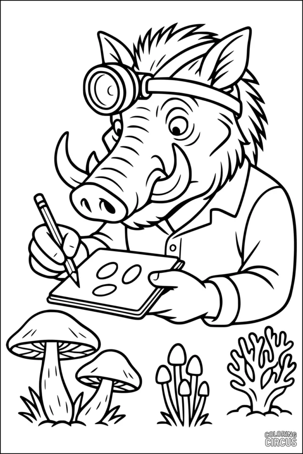 Coloring page of a cartoon warthog scientist sketching mushrooms and plants in a notebook