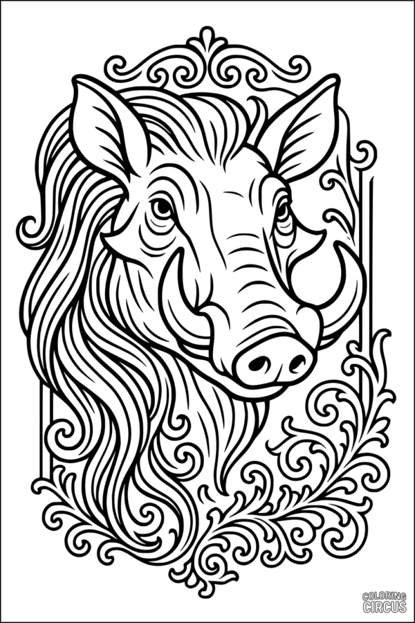 Coloring page featuring detailed warthog surrounded by ornate patterns