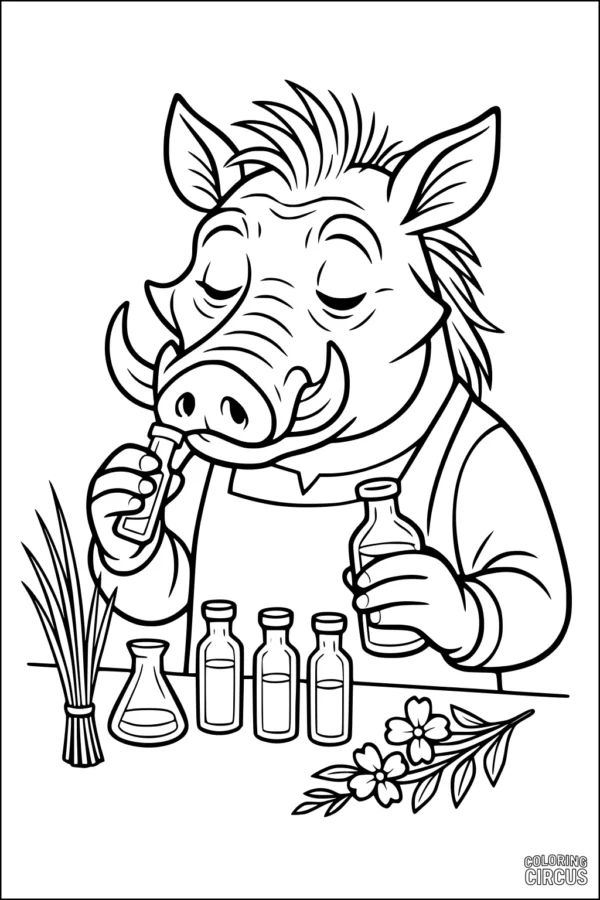 Coloring page of a cartoon warthog making perfume in a lab with bottles, flowers, and grass