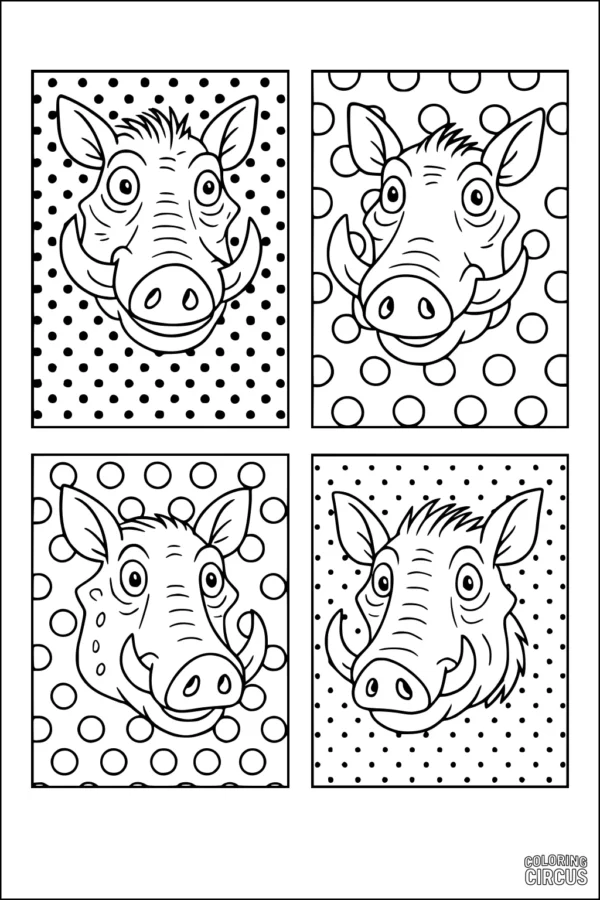 Coloring page featuring four cartoon warthog faces with polka dot backgrounds.