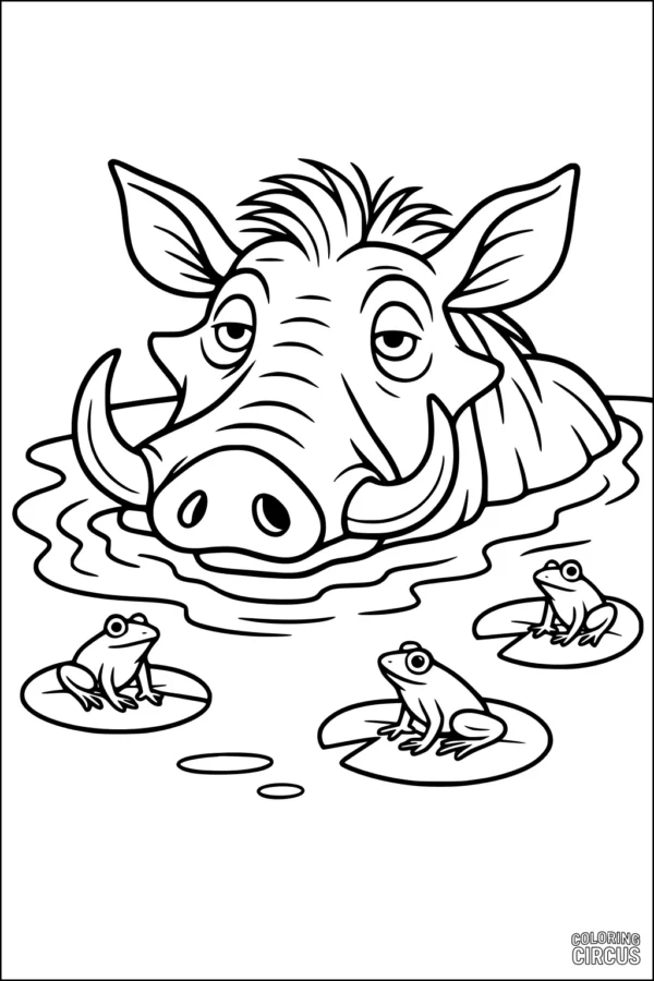 Coloring page featuring a warthog in water with three frogs sitting on lily pads