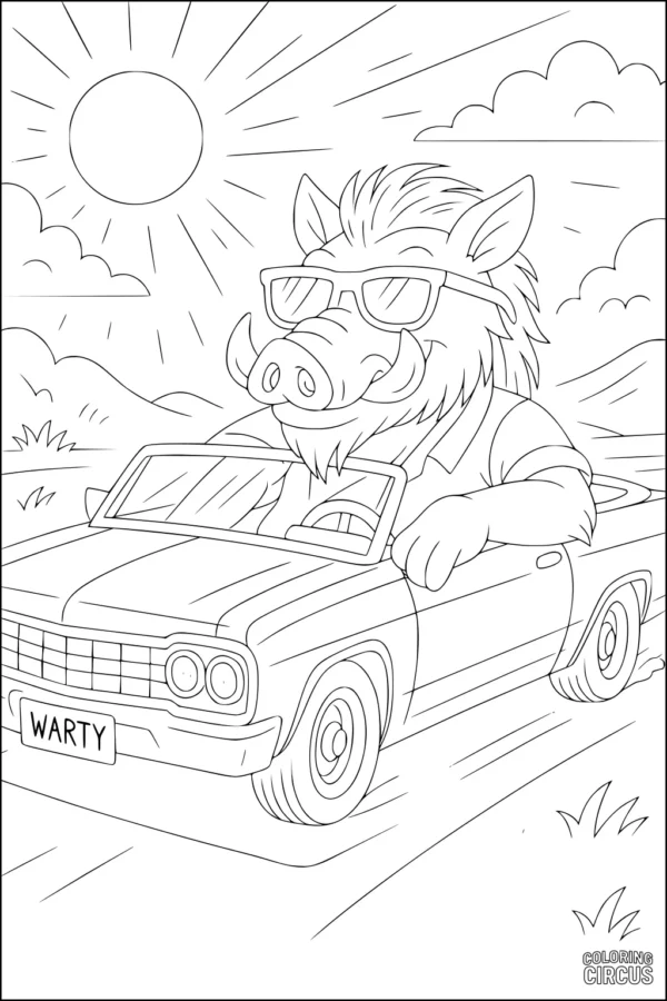 Coloring page of a cartoon warthog driving a convertible car in the countryside under the sun.