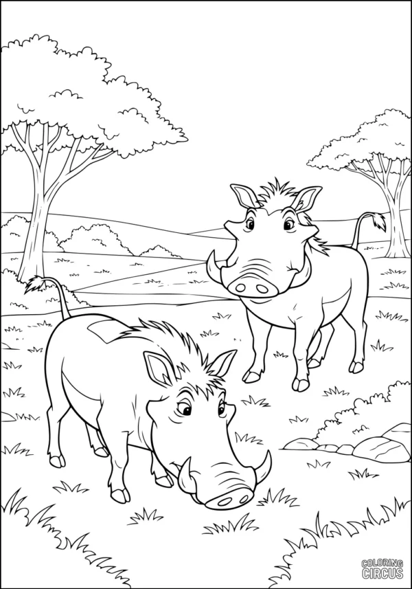 Coloring page with two smiling cartoon warthogs in an African savanna landscape with trees and grass.