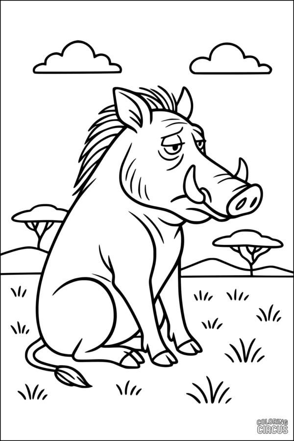 Coloring page of a cartoon warthog sitting on a savanna with trees and clouds in the background