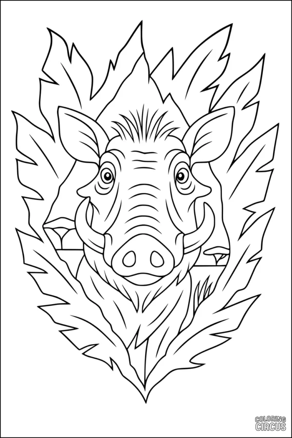 Coloring page showing a warthog face framed by leaves in the savanna