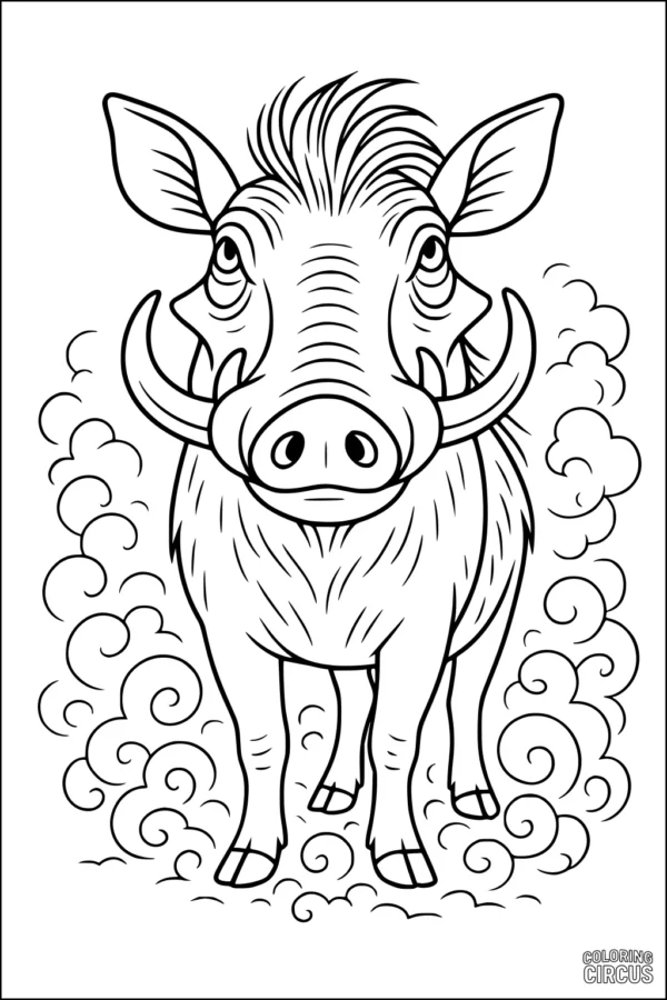 Coloring page featuring a cartoon warthog with dust clouds