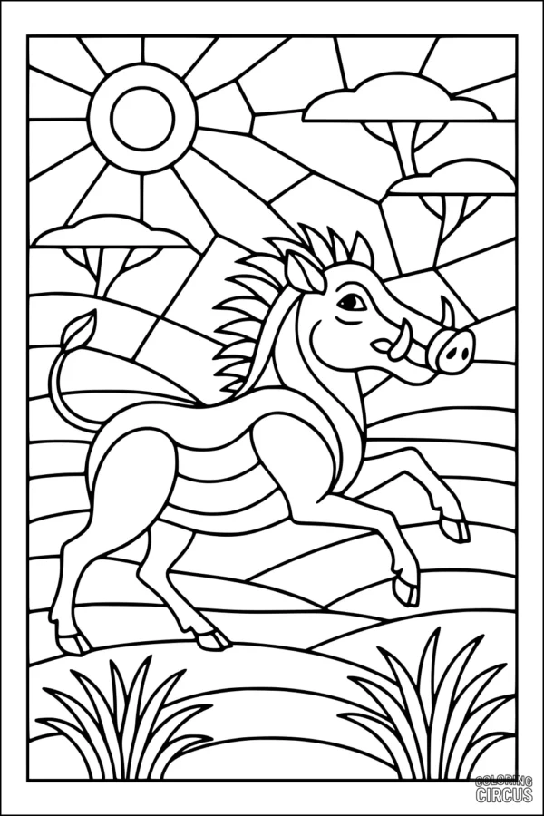 Coloring page with a cartoon warthog prancing across an African savanna with sun and acacia trees.