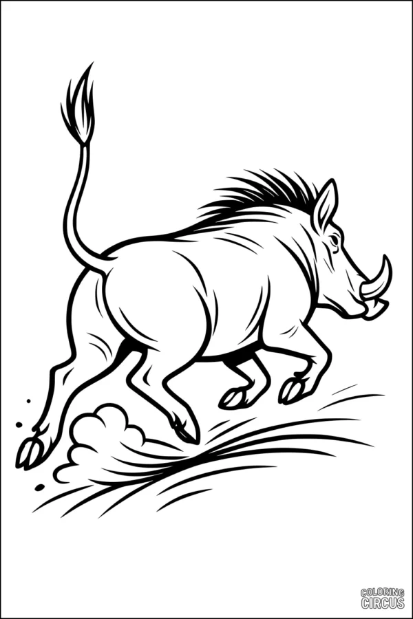 Coloring page showing a running warthog kicking up dust on the savanna