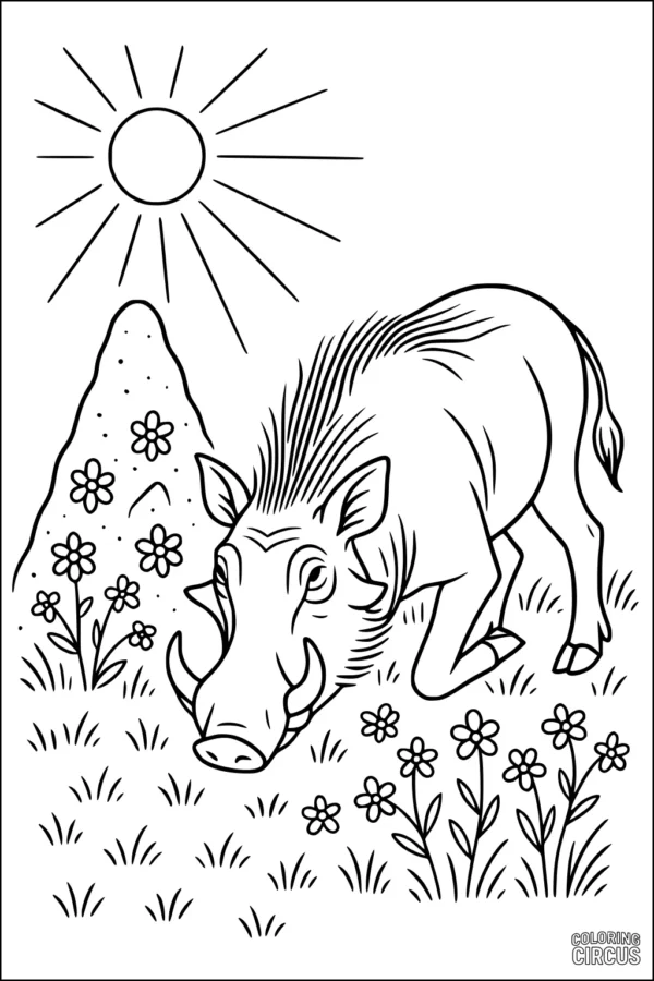 Coloring page showing a cartoon warthog in a sunny grassy field with flowers and an anthill