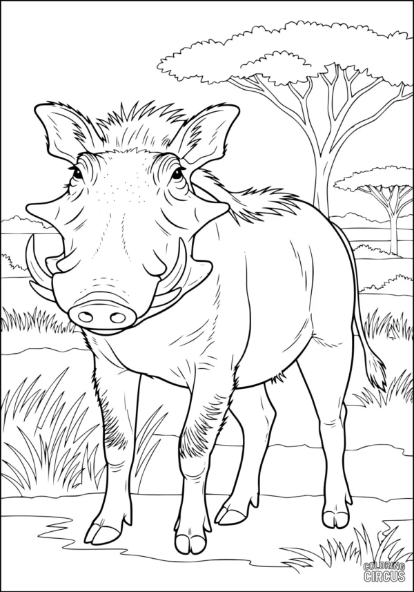 Coloring page showing a friendly warthog standing in a grassy savanna with trees in the background