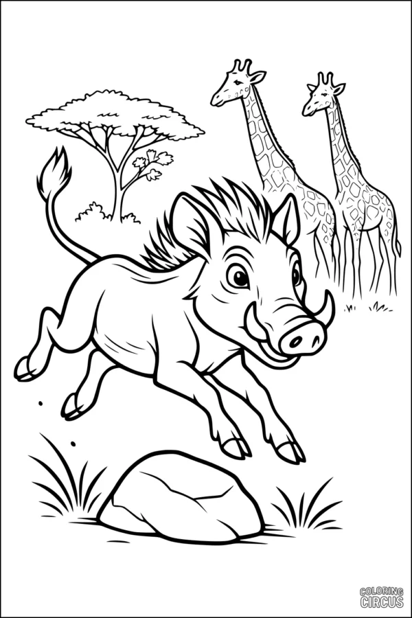 Coloring page featuring a joyful warthog running across a savanna with two giraffes and an acacia tree in the background.