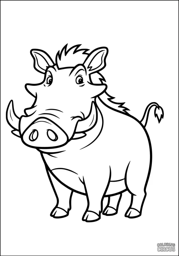 Coloring page featuring a cute cartoon warthog standing with a friendly expression