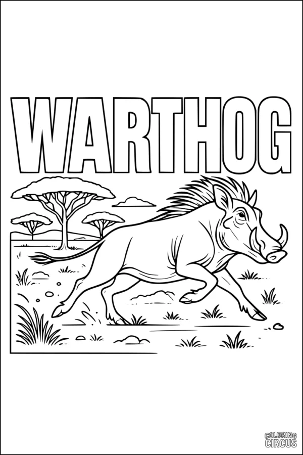 Coloring page warthog running in savannah with trees and grass