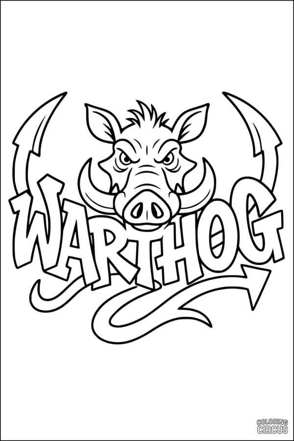 Coloring page features a cartoon warthog face with large tusks and bold, playful warthog lettering.