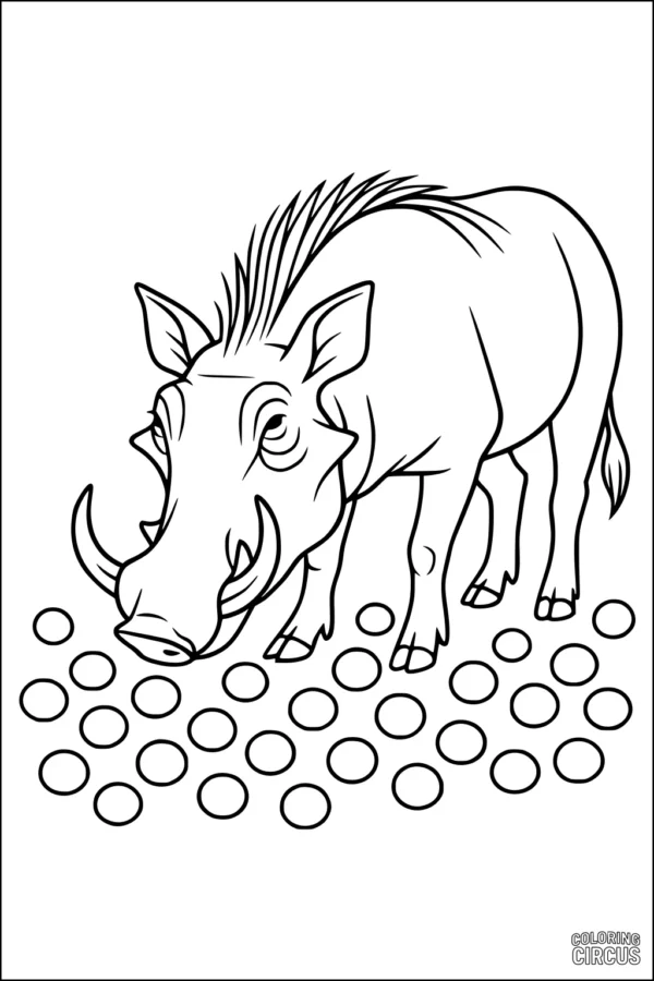 Coloring page of a cartoon warthog with pebbles on the ground, suitable for young children