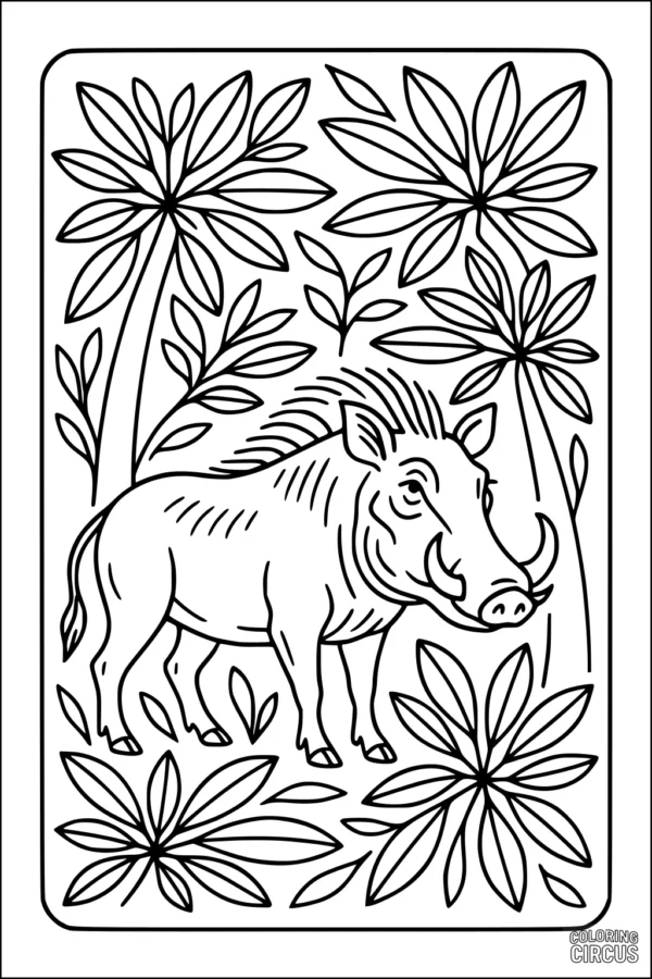Coloring page with a cartoon warthog standing among large leafy plants and trees in a savannah scene