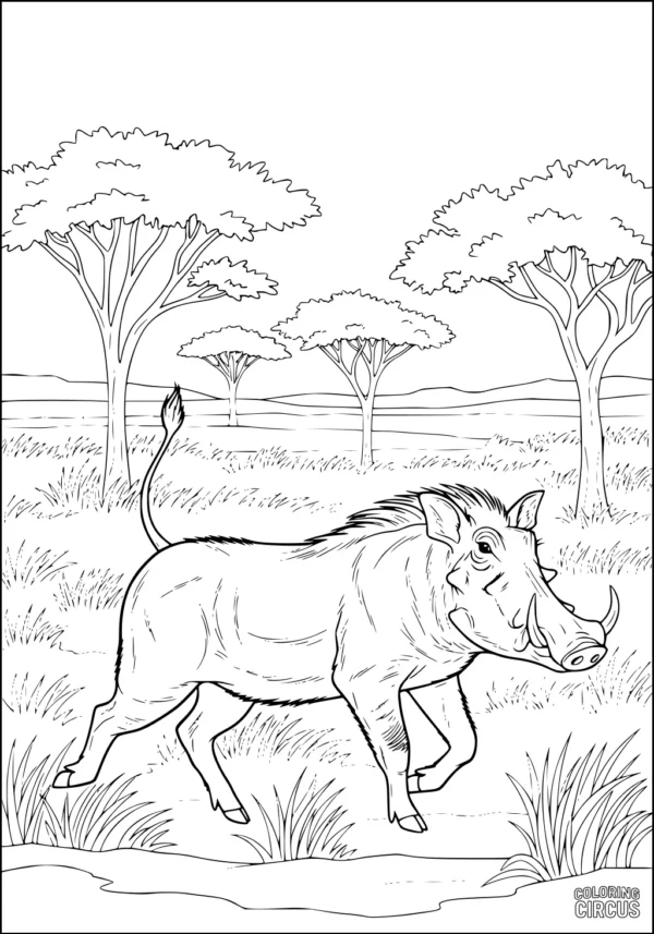 Coloring page featuring a warthog walking on an African savannah with acacia trees
