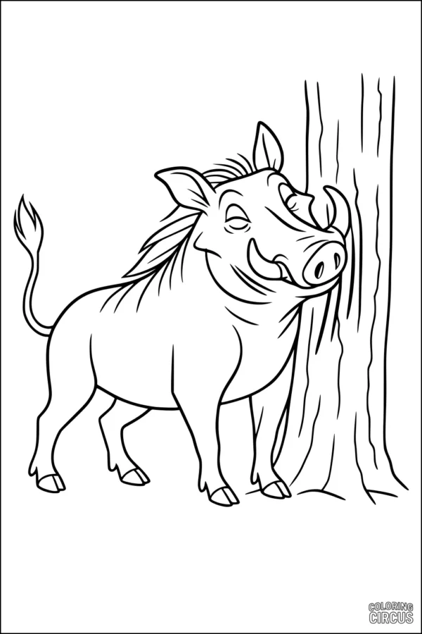Coloring page featuring a cartoon warthog rubbing against a tree