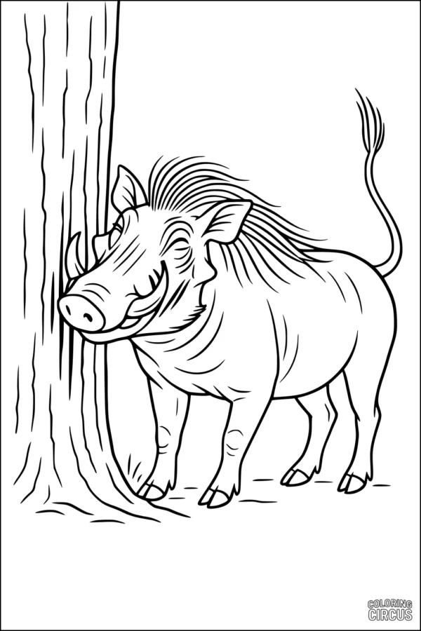 Coloring page of a happy warthog scratching against a tree, outlined for children’s coloring activities