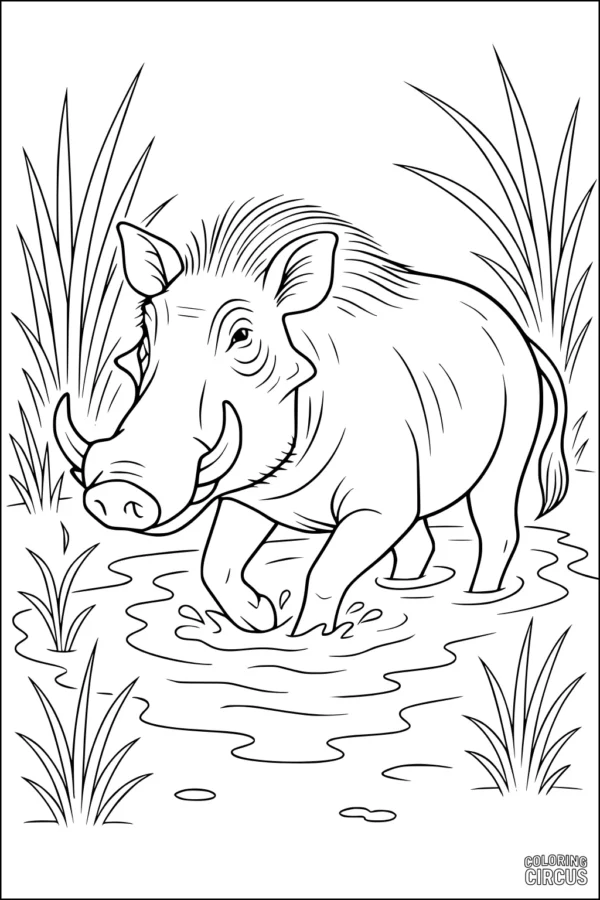 Coloring page featuring a friendly warthog standing and splashing in a grassy muddy area