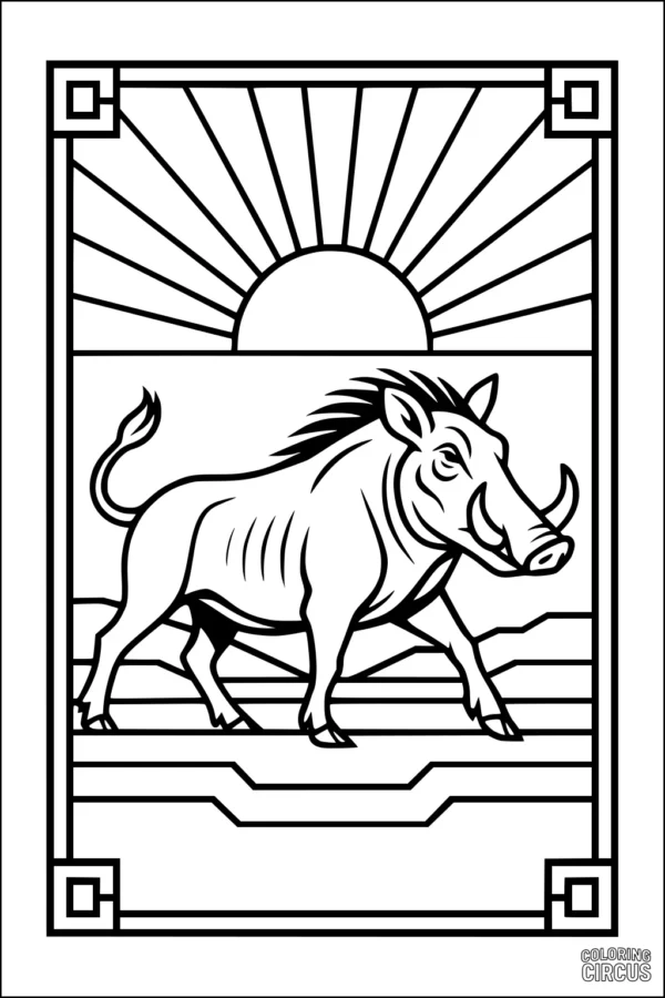 Coloring page of a warthog walking on the savanna at sunrise with decorative border
