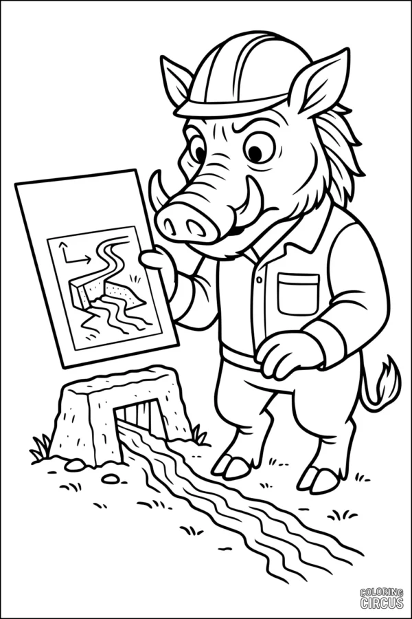 Coloring page of a cartoon warthog wearing a hard hat and studying tunnel plans near a tunnel entrance